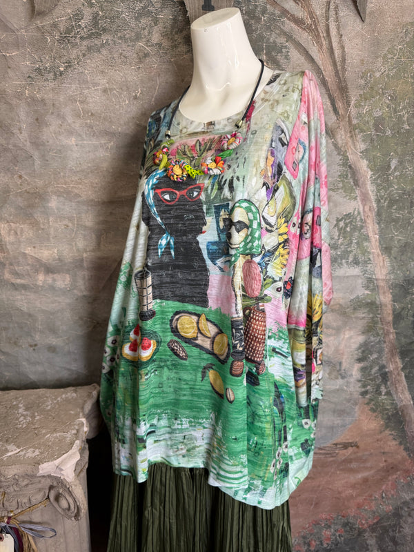 Burnout one size tunic top with whimsical tea party print in green, pink and black with colorful knotted necklace - 5