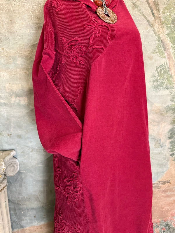 92178-62 Needlework Hoody Dress-Burgundy