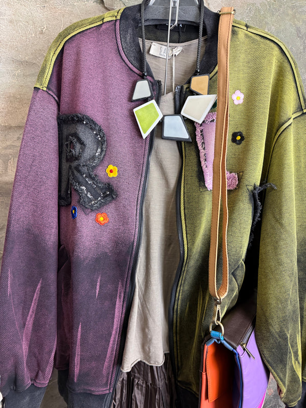 Sequin R&L patch bomber jacket in purple and yellow-green ombre with floral accents, styled with tiered maxi skirt - 14