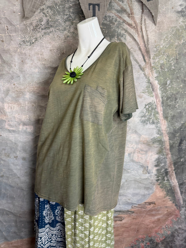 JG- Moon Dance V-Neck Tee-Vintage Moss