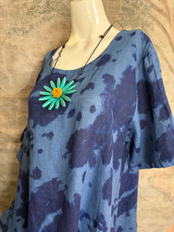 91307T-62 Ruffle Tie-Dye Tunic-Blue