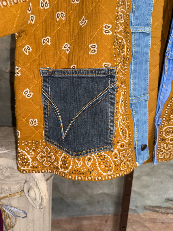 Shannon Passero golden brown quilted bandana print kimono jacket with denim trim and pockets, style 5889 KAI - 4