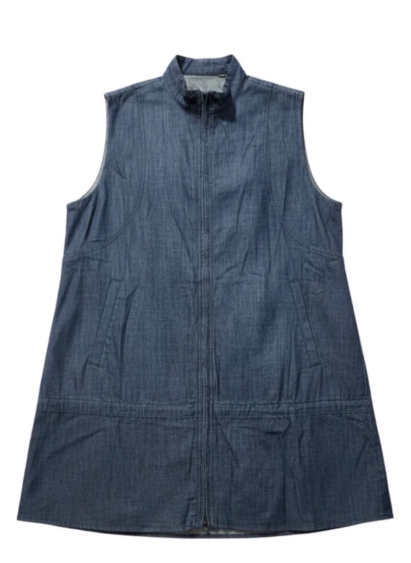 Long denim zip-front sleeveless vest with drawstring hem displayed on mannequin, boutique Merritt style - 13