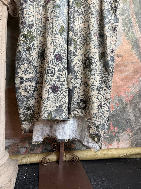 Grey combo floral batik print maxi dress with colorful beaded necklace displayed on hanger, boho boutique style DYM62523 - 9