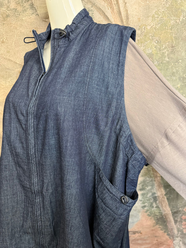 Long denim zip-front sleeveless vest with drawstring hem displayed on mannequin, boutique Merritt style - 8