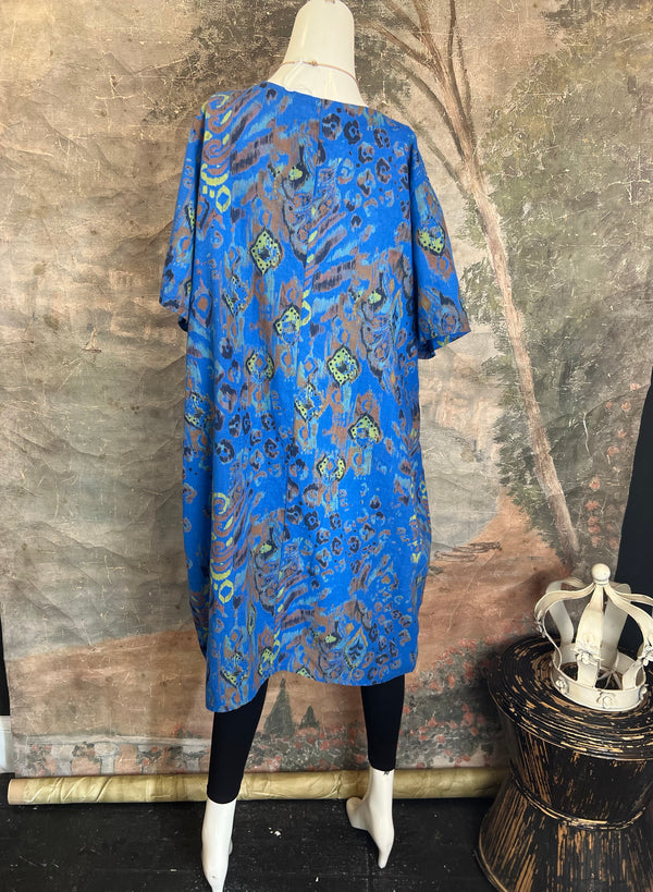 90847 Print Linen Dress-Blue
