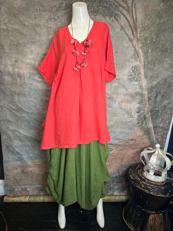 6039 O'Size Linen Pleated Tunic-Harbor Red