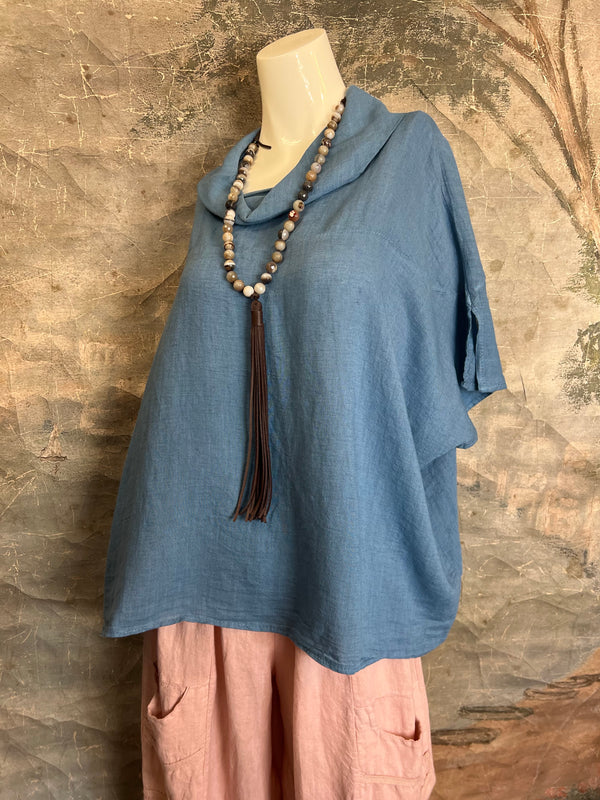 6250 Linen Cowl Neck Boxy Top-Denim