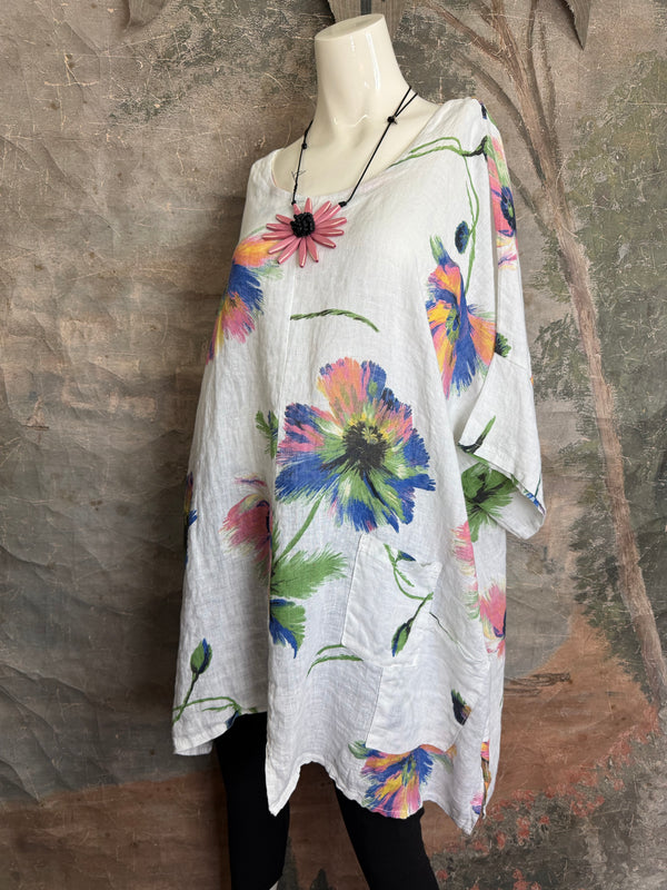 91225 Flower Garden Linen Top-White