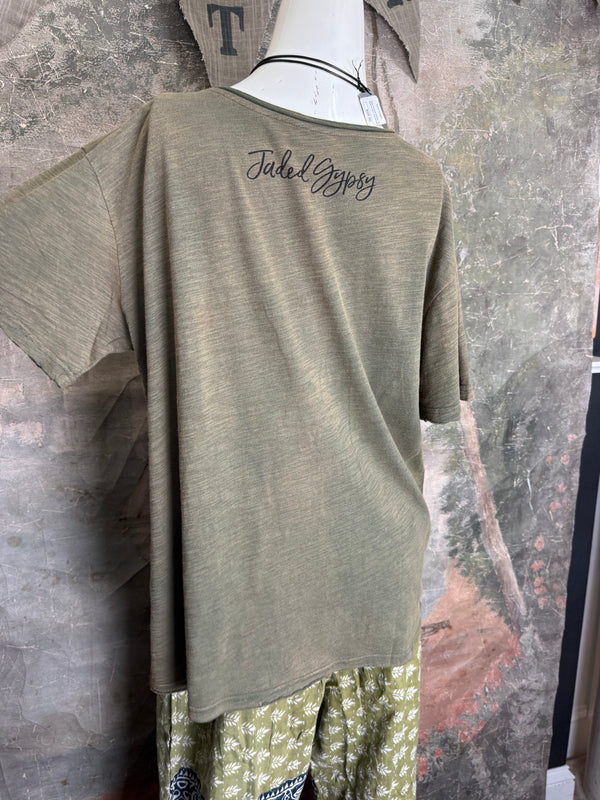 JG- Moon Dance V-Neck Tee-Vintage Moss