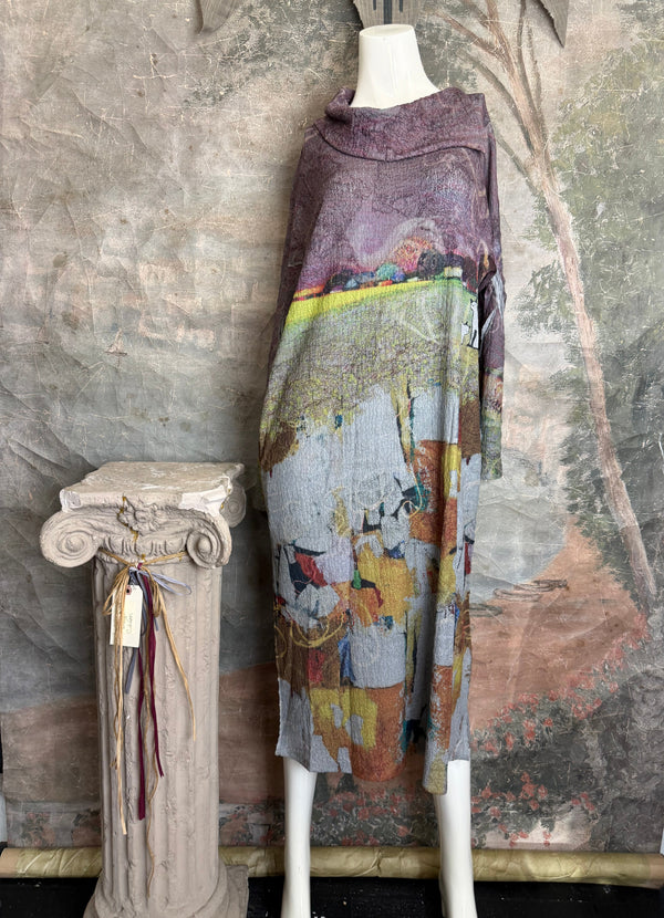D540 Waffle Knit Cowlneck Dress in colorful abstract cat print with long sleeves and midi length - 17