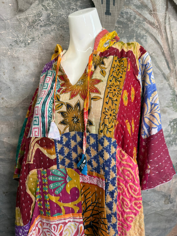 1012w Kantha Poncho Hoodie Dress-3