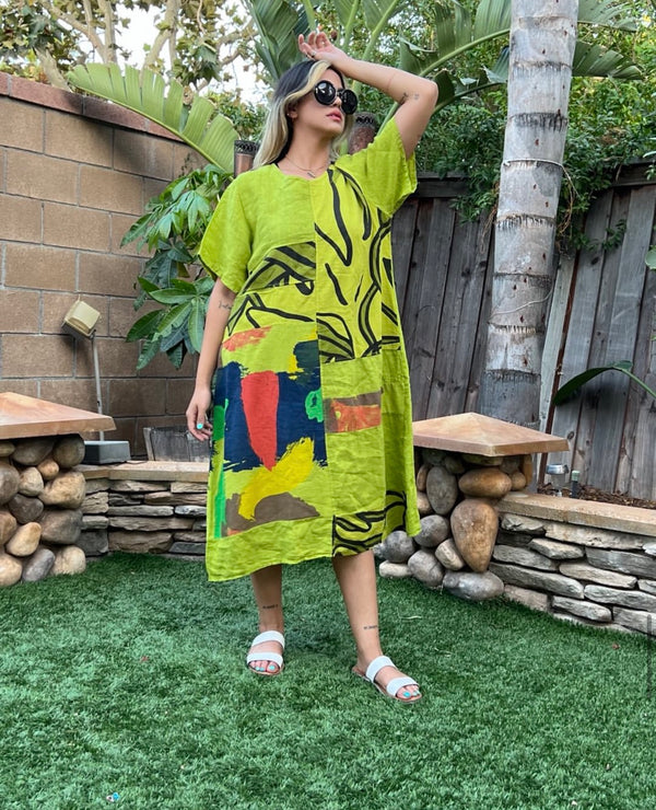 90617P-23 Linen Paint Dress-Kiwi