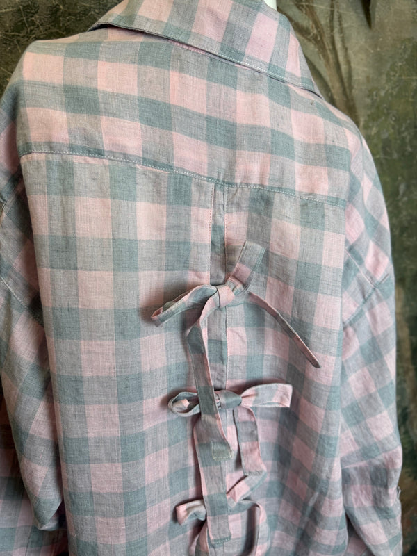 5021 Bettys Linen BF Bow Shirt-PINK/GREY BUFFALO PLAID