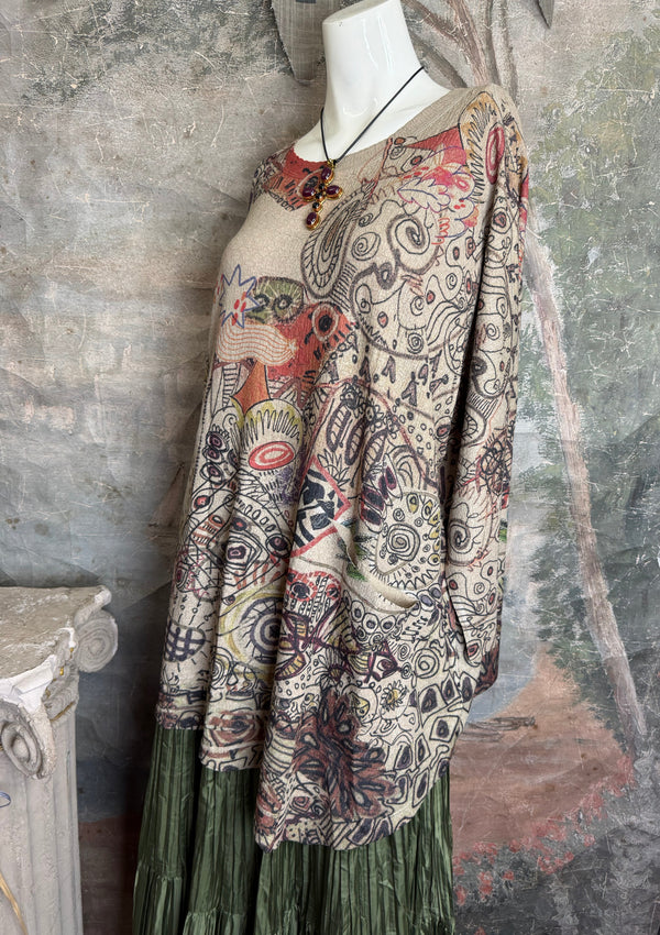 Boho waffle knit tunic top with abstract art print in earthy tones, styled with colorful chain necklace on mannequin - 3