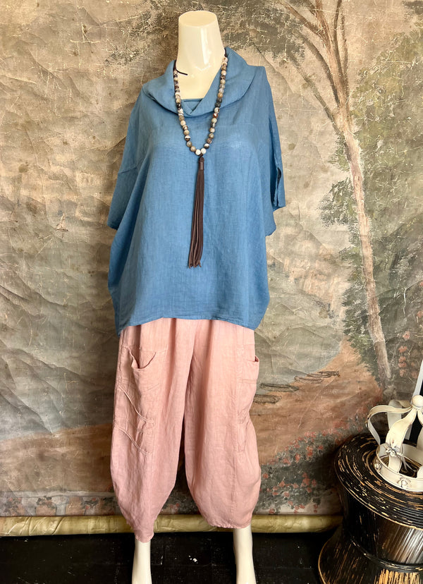 6250 Linen Cowl Neck Boxy Top-Denim
