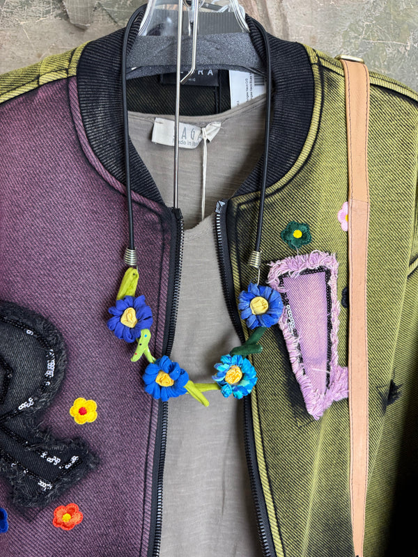 Sequin R&L patch bomber jacket in purple and yellow-green ombre with floral accents, styled with tiered maxi skirt - 17