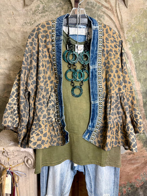 Leopard print Juno Cardigan with denim trim over olive tee and distressed jeans with turquoise ring necklace - 2