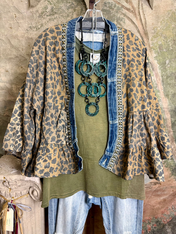 Leopard print Juno Cardigan with denim trim over olive tee and distressed jeans with turquoise ring necklace - 2