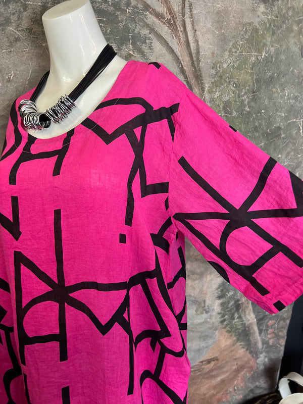 91470 S/Slv Tunic Letter Dress-Fuchsia Pink