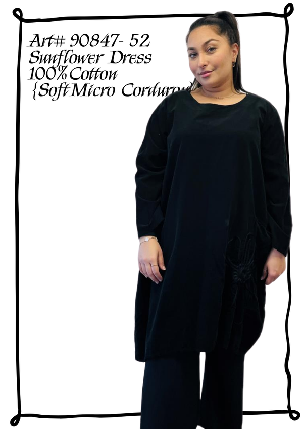 90847 Corduroy Sunflower Dress-Black