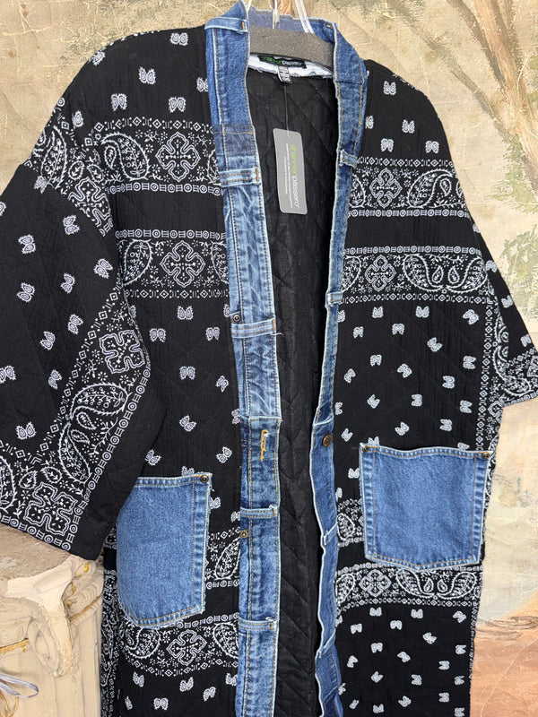 Black bandana paisley quilted cardigan jacket with denim trim pockets and snap buttons, long boho kimono style - 8