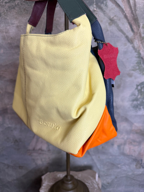 Soruka Agatha navy blue recycled leather crossbody bag with burgundy handle and orange lining, Barcelona handcrafted - 10