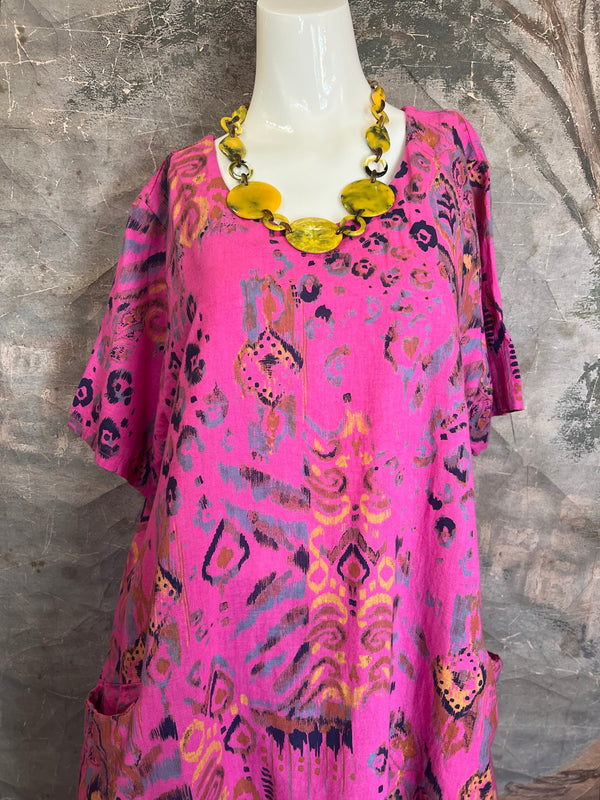 90847 Paint Splotch Print Dress-Fuchsia