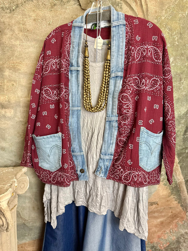 Burgundy bandana print short kimono with denim pocket accents, layered over white top and blue denim skirt with bead nec - 5