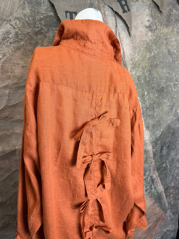 5021 Bettys Linen BF Bow Shirt-BRICK