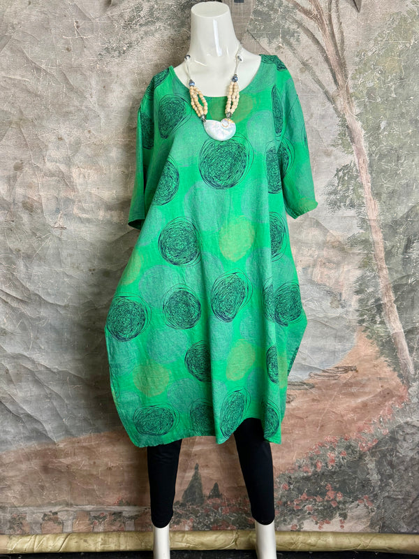 91311A Circles Drawstring Dress-Green