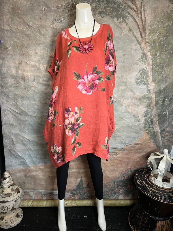 5202 Rosabella Floral Top/Dress-Burnt Red