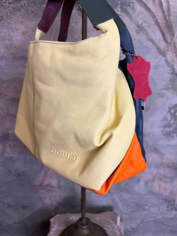 Soruka Agatha navy blue recycled leather crossbody bag with burgundy handle and orange lining, Barcelona handcrafted - 15