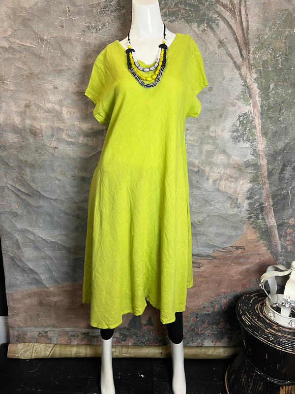 30638 Linen V-neck Flare Dress-Moss Green