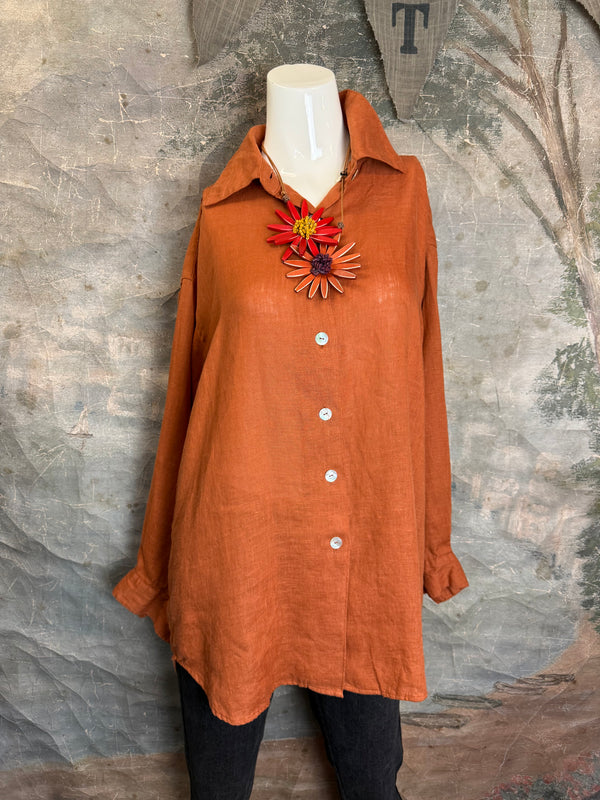 5021 Bettys Linen BF Bow Shirt-BRICK