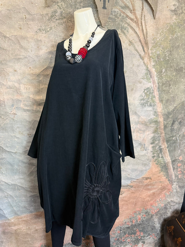 90847 Corduroy Sunflower Dress-Black