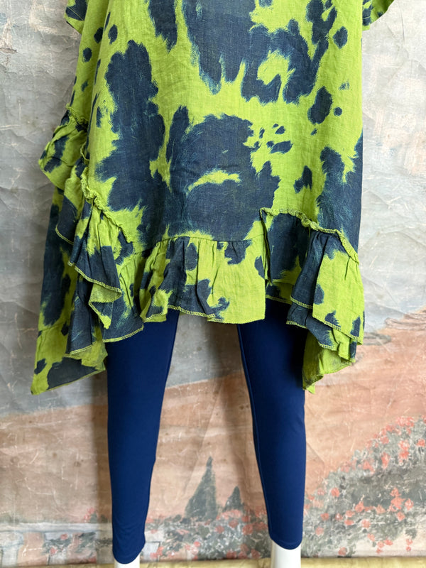 91307T-62 Ruffle Tie-Dye Tunic-Kiwi