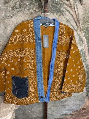 Shannon Passero golden brown quilted bandana print kimono jacket with denim trim and pockets, style 5889 KAI - 1