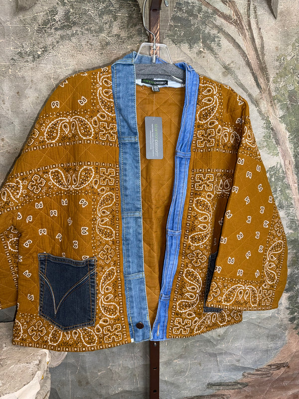 Shannon Passero golden brown quilted bandana print kimono jacket with denim trim and pockets, style 5889 KAI - 1