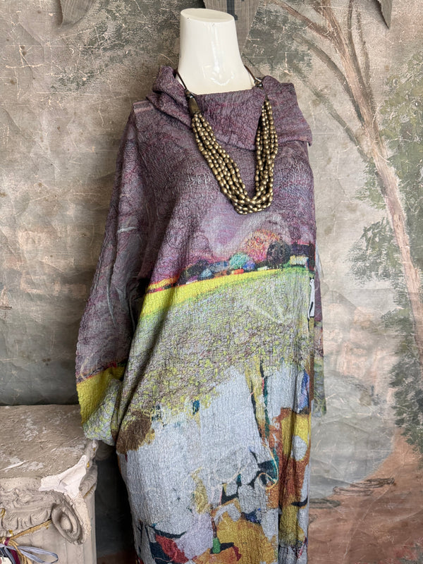 D540 Waffle Knit Cowlneck Dress in colorful abstract cat print with long sleeves and midi length - 8