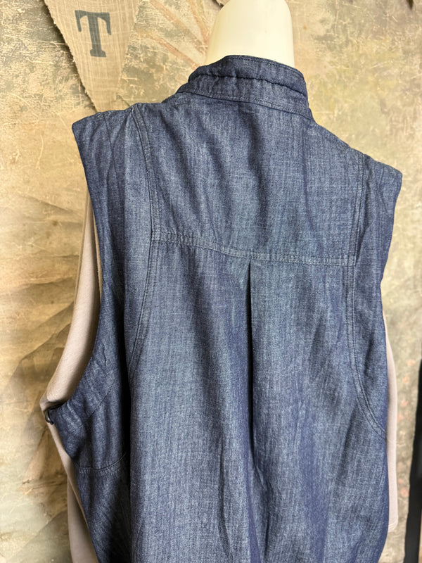 Long denim zip-front sleeveless vest with drawstring hem displayed on mannequin, boutique Merritt style - 12