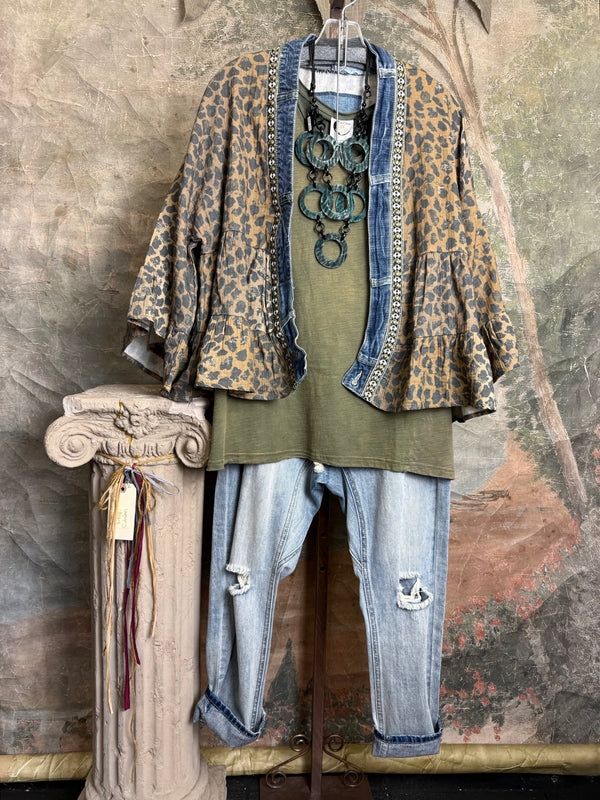 Leopard print Juno Cardigan with denim trim over olive tee and distressed jeans with turquoise ring necklace - 12