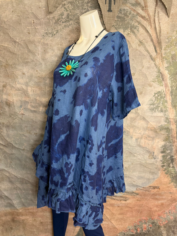 91307T-62 Ruffle Tie-Dye Tunic-Blue