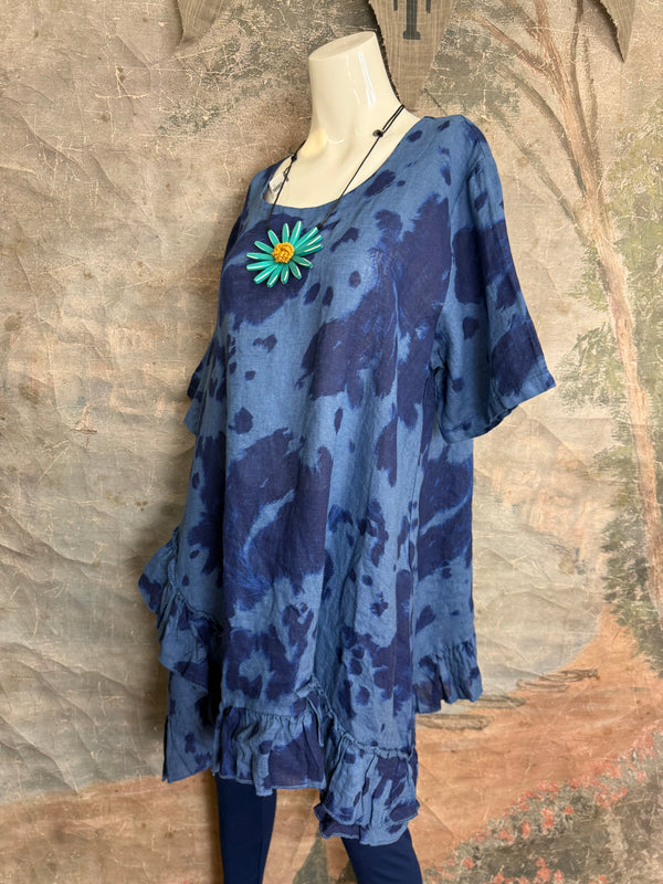 91307T-62 Ruffle Tie-Dye Tunic-Blue