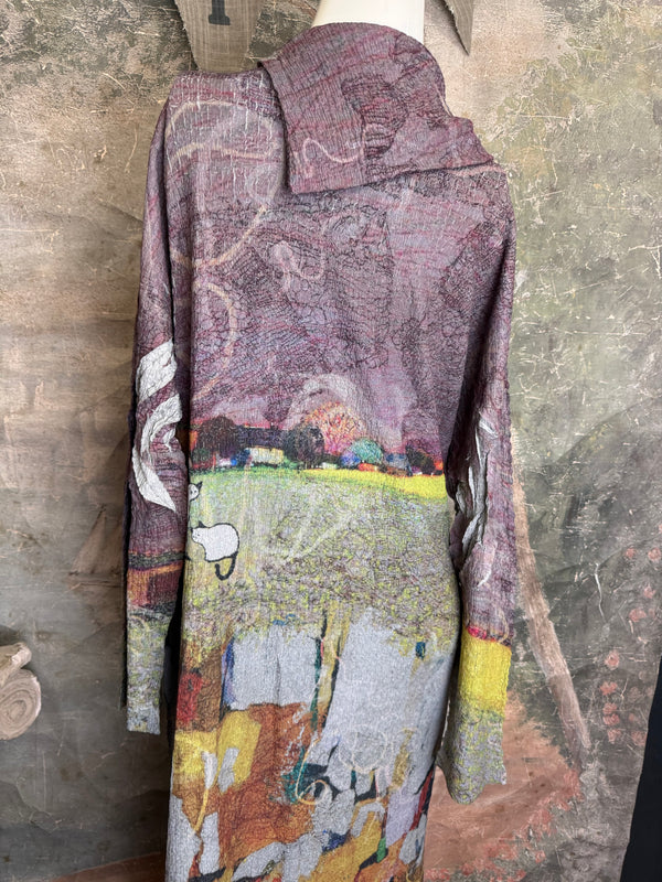 D540 Waffle Knit Cowlneck Dress in colorful abstract cat print with long sleeves and midi length - 20