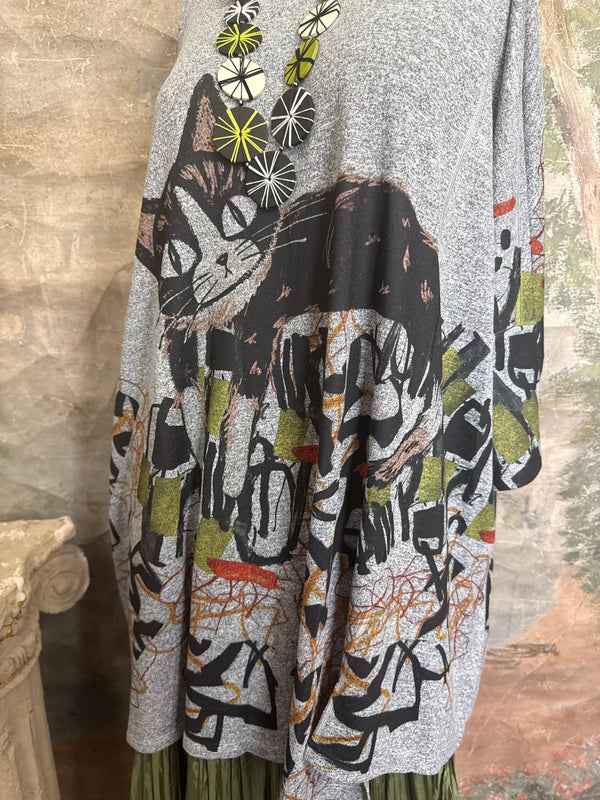 Oversized gray cat print crew pullover tunic with abstract art design on mannequin, styled with olive skirt and neon nec - 10