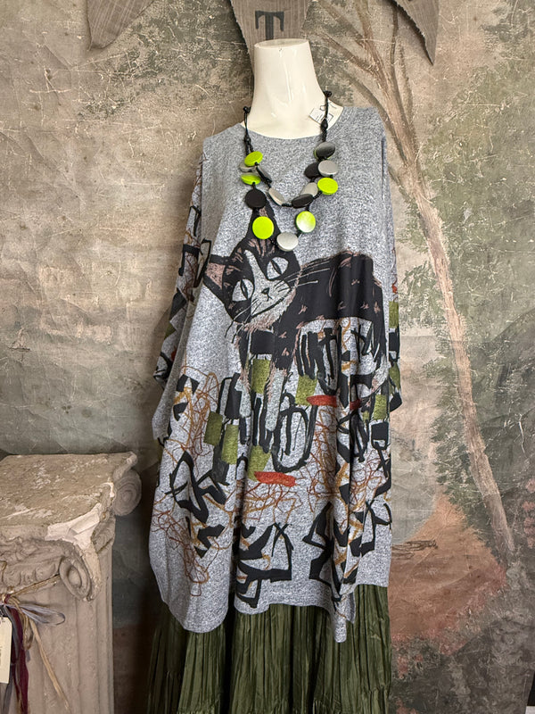 Oversized gray cat print crew pullover tunic with abstract art design on mannequin, styled with olive skirt and neon nec - 3
