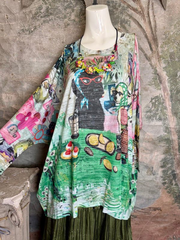 Burnout one size tunic top with whimsical tea party print in green, pink and black with colorful knotted necklace - 6