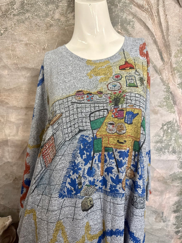 Gray oversized crew pullover sweater with colorful Nona's Kitchen interior scene print and abstract brushstroke details - 3