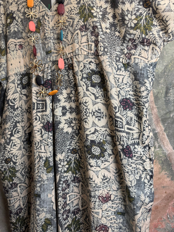 Grey combo floral batik print maxi dress with colorful beaded necklace displayed on hanger, boho boutique style DYM62523 - 10